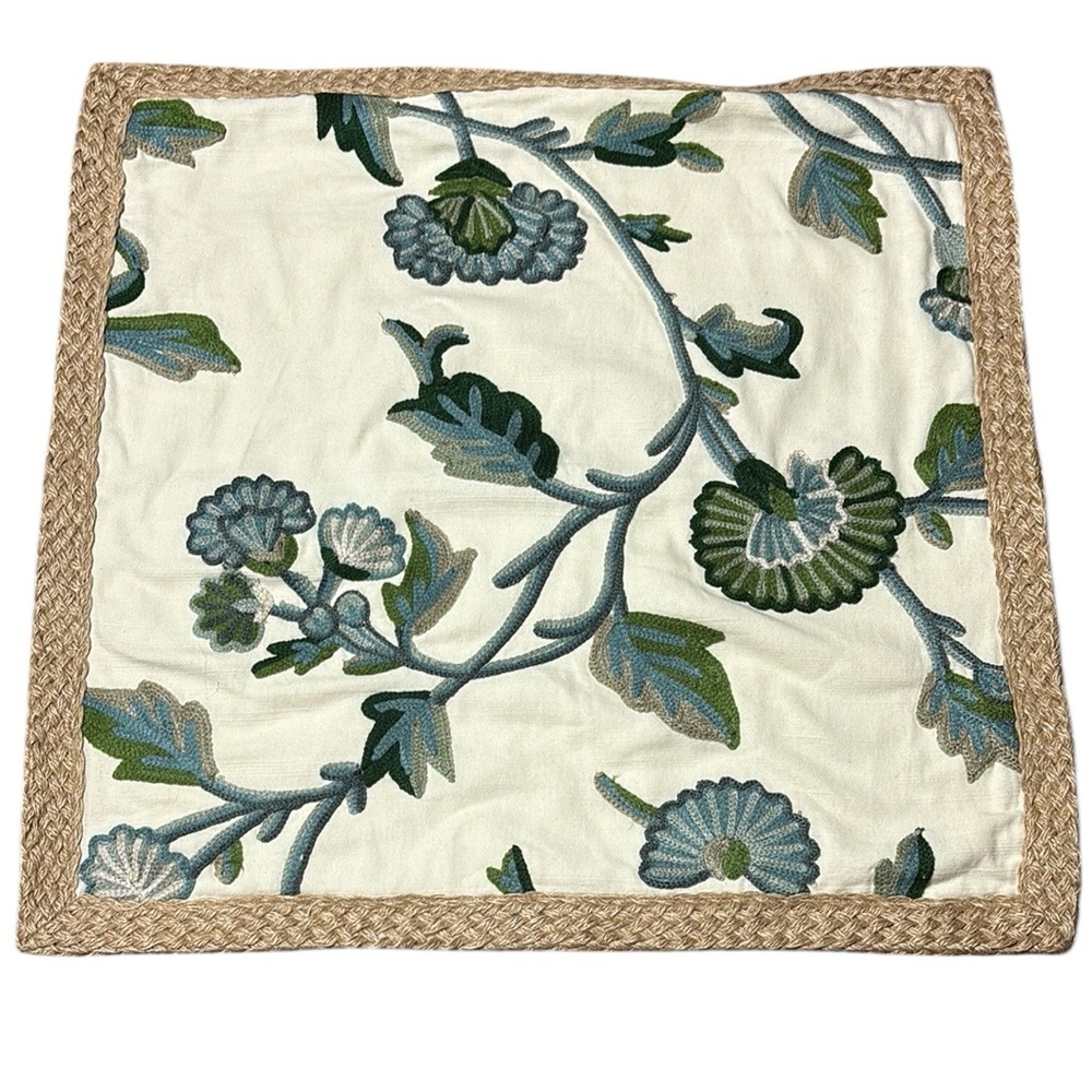 Pottery Barn Cream Pillow Cover with Blue and Green Floral Embroidery